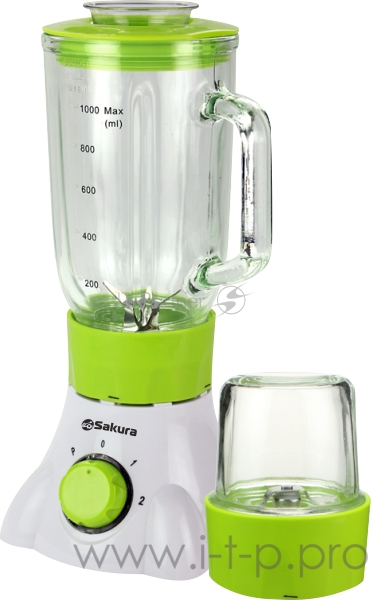 Блендер SAKURA SA-6216MGR (Мощность: 400 Вт. Блендер стационарный со стеклянной чашей (1.0 л), с насадкой-мельницей для сухих сыпучих продуктов (разгрузка 50 г или 2/3 объема). 2 скорости и импульсный режим. Ножи из нержавеющей стали.)