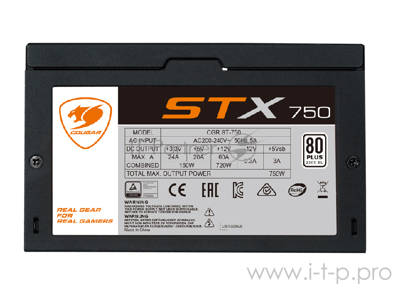 Блок питания Cougar STX 750 Блок питания STX 750 (Разъем PCIe-4шт,ATX v2.31, 750W, Active PFC, 120mm Fan, 80 Plus) STX750 Retail