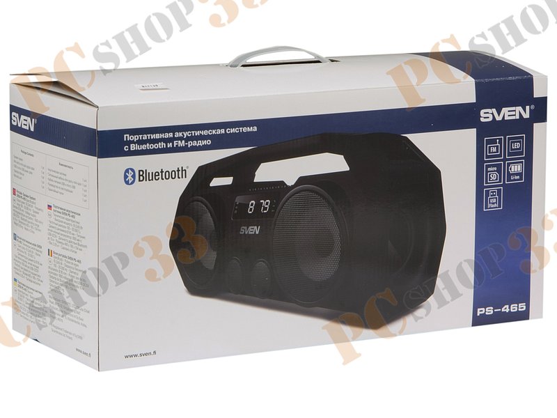 Акустическая система стерео Sven PS-465, 2x9Вт, портативная, с MP3 плеером, с FM радио, черный (Bluetooth)