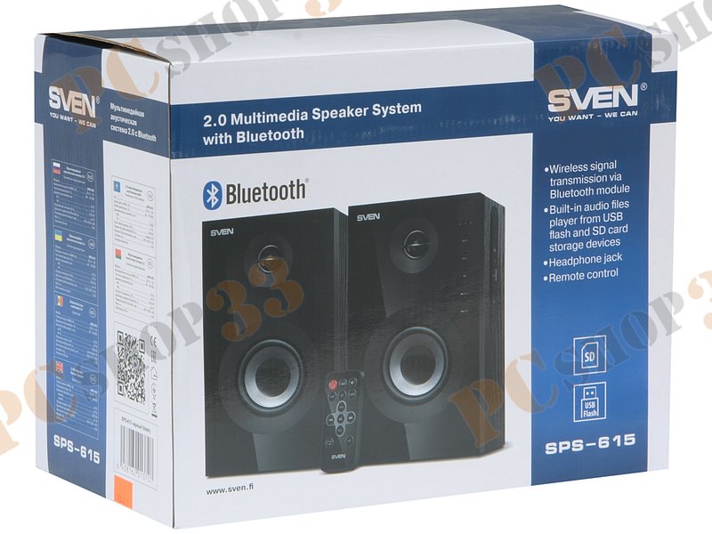 Акустическая система стерео Sven SPS-615, 2x10Вт, с MP3 плеером, черный (Bluetooth)