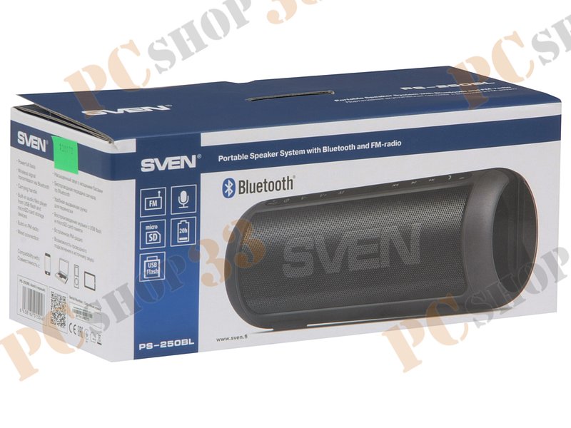 Акустическая система стерео Sven PS-250BL, 2x5Вт, портативная, с MP3 плеером, с FM радио, черный (Bluetooth)