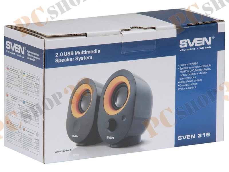 Акустическая система стерео Sven 316, 2x2Вт, портативная, черный