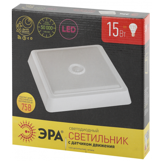 ЭРА Светильники ЖКХ ЭРА Б0022451 SPB-4-15-4K-MWS Светильник светодиодный ЖКХ 15Вт 4000К 1200лм квадрат 230x38 БЕЛ с настр. датч. движ.