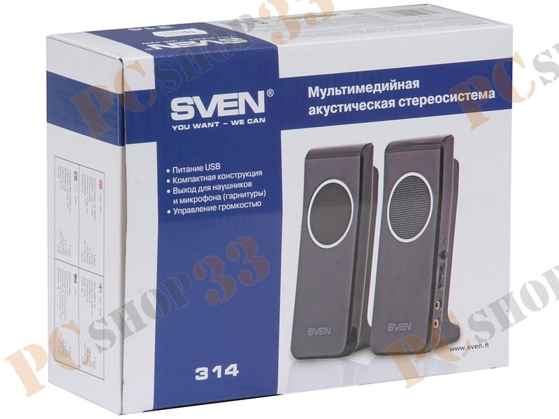 Акустическая система стерео Sven 314 2x2Вт, портативная, черный