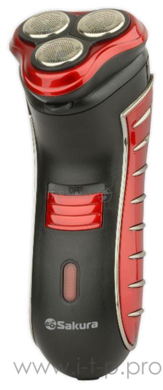 Электробритва SAKURA SA-5414RB красно-черный(Бритва электрическая, сухое бритье, работа от аккумулятора. 3 бреющие головки. Индикатор заряда батарейки. Защитная крышка. Щеточка для очистки.)