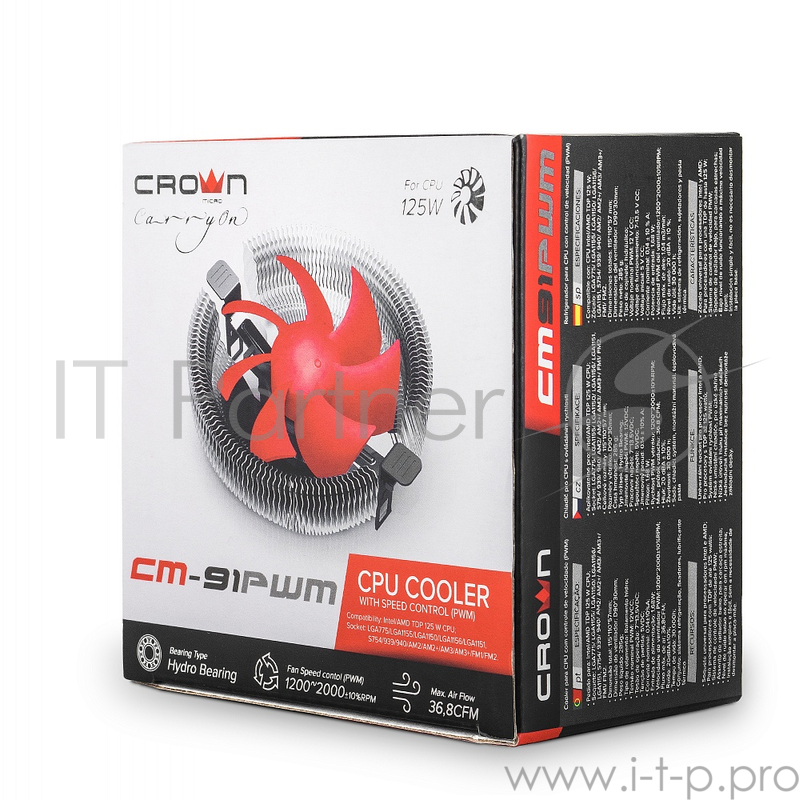 вентилятор CROWN Кулер для процессора CM-91PWM ( Для Intel и AMD,TDP до 125 Ватт, коннектор 4 pin,PWM, Низкая посадка радиатора,Гидродинамическии? подшипник,Размер: 115*110*57 мм)