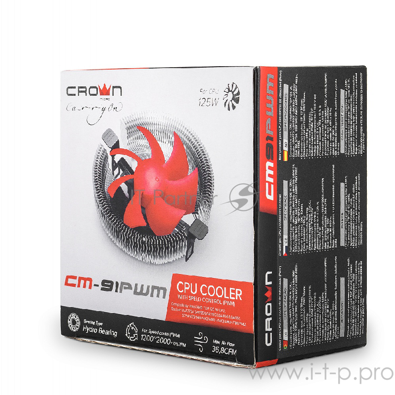 вентилятор CROWN Кулер для процессора CM-91PWM ( Для Intel и AMD,TDP до 125 Ватт, коннектор 4 pin,PWM, Низкая посадка радиатора,Гидродинамическии? подшипник,Размер: 115*110*57 мм)