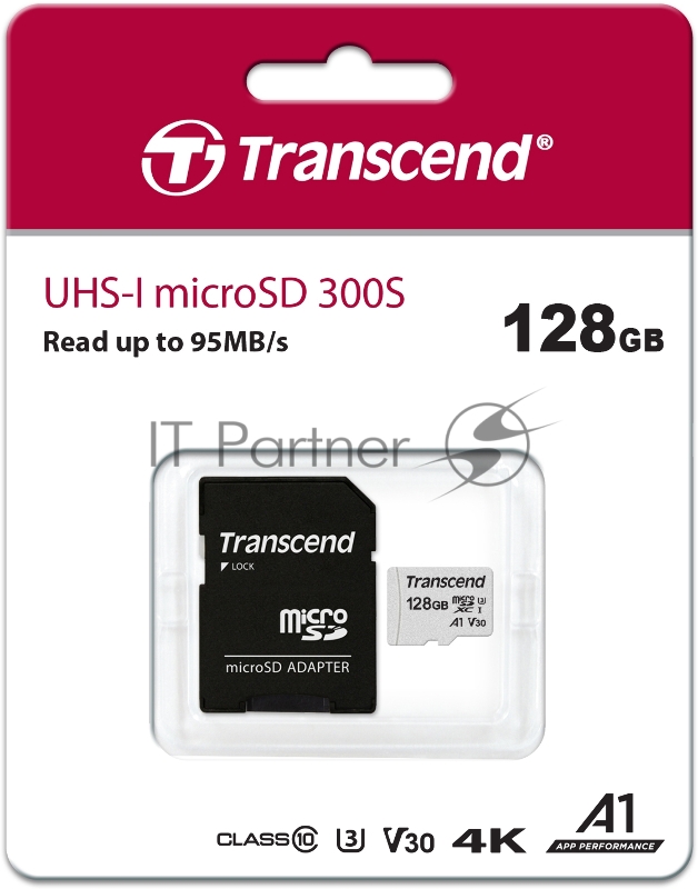 Карта памяти Micro SecureDigital 128Gb Transcend Class 10 TS128GUSD300S-A {MicroSDXC Class 10 UHS-I U3, SD adapter}