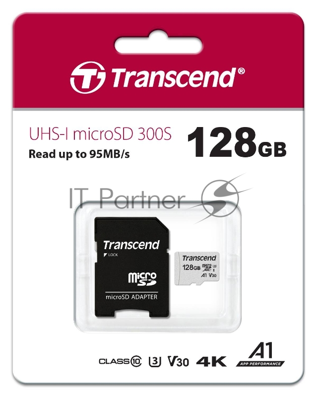 Карта памяти Micro SecureDigital 128Gb Transcend Class 10 TS128GUSD300S-A {MicroSDXC Class 10 UHS-I U3, SD adapter}