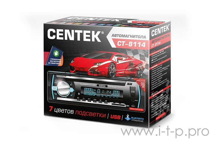 Автомагнитола Centek СТ-8114 <4х50 Вт> 7 цветов подсветки, BLUETOOTH, USB/AUX/SD/MMC, mp3