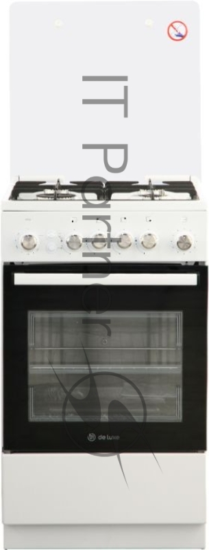 Газовая плита De Luxe 5040.30г(кр)чр белый Типоразмер 50*50см, эл. розжиг в ручке, терморегулятор, система газ-контроль духового шкафа, таймер, вертел с эл.приводом, газовый гриль, подсветка, чугунные решетки