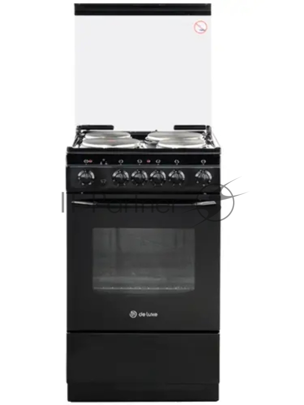 Электрическая плита De Luxe 5004.10э(кр) 001 черныйЧетырехконфорочная, Типоразмер 50*50см, экспресс-конфорка на 2кВт, мех. таймер , духовка с терморегулятором, грилем, вертелом с эл./приводом, подсветкой, в черном исполнении