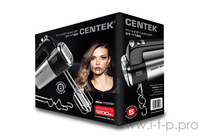 Миксер Centek CT-1120 (черн/сталь) 1200Вт, 5 скоростей+турбо, взбивание/замешивание