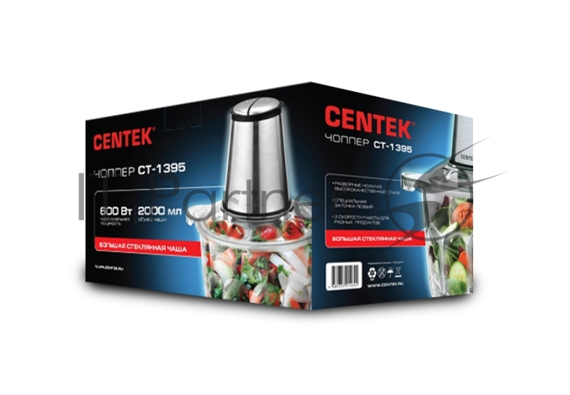 Чоппер Centek CT-1395 Сталь <600Вт> 2 скорости, стеклянная чаша 2,0л, разборные ножи, 4 лезвия