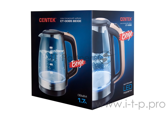 Чайник Centek CT-0065 <Beige> стекло, 1.7л 2200Вт, LED-подсветка, мерная шкала, защита от вкл б/воды