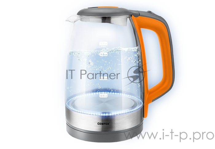 Чайник Centek CT-0065 Orange, стекло, 1.7л 2200Вт, LED-подсветка, мерная шкала, защита от вкл б/воды