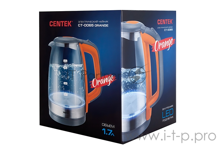 Чайник Centek CT-0065 Orange, стекло, 1.7л 2200Вт, LED-подсветка, мерная шкала, защита от вкл б/воды