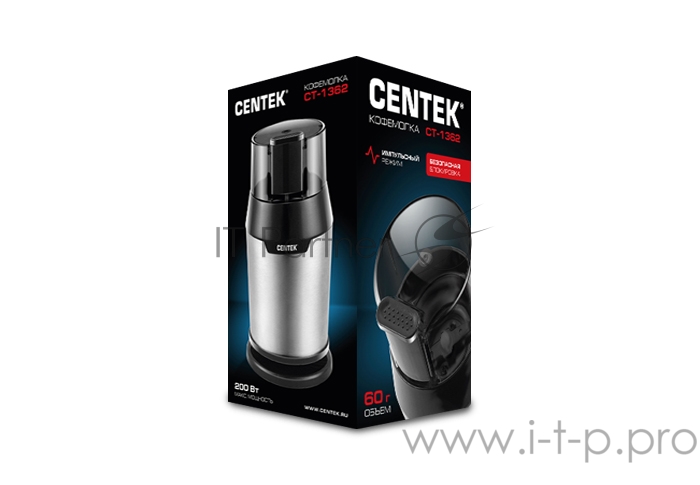 Кофемолка Centek CT-1362 (сталь) 200Вт, 60гр, стальн стакан, стальн чаша, прозрачная крышка