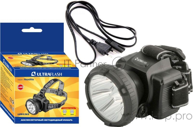 Фонарь ULTRAFLASH LED5365 налобн аккум 220в черный 5 led 2 реж пласт бокс