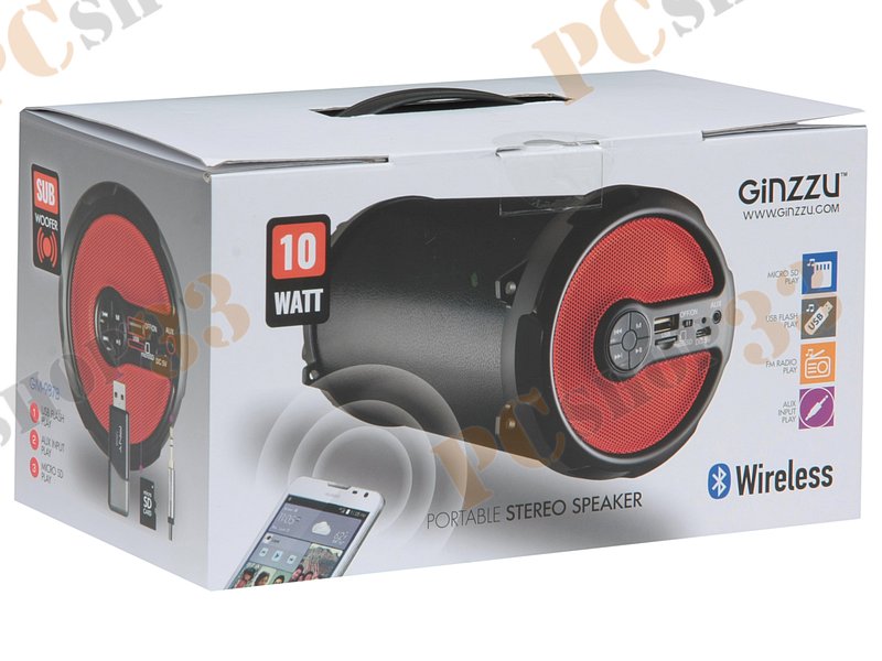 Акустическая система 2.1 Ginzzu GM-987B, сабвуфер 5Вт, сателлиты 2x2.5Вт, портативная, с MP3 плеером, с FM радио, черно-красный (Bluetooth)