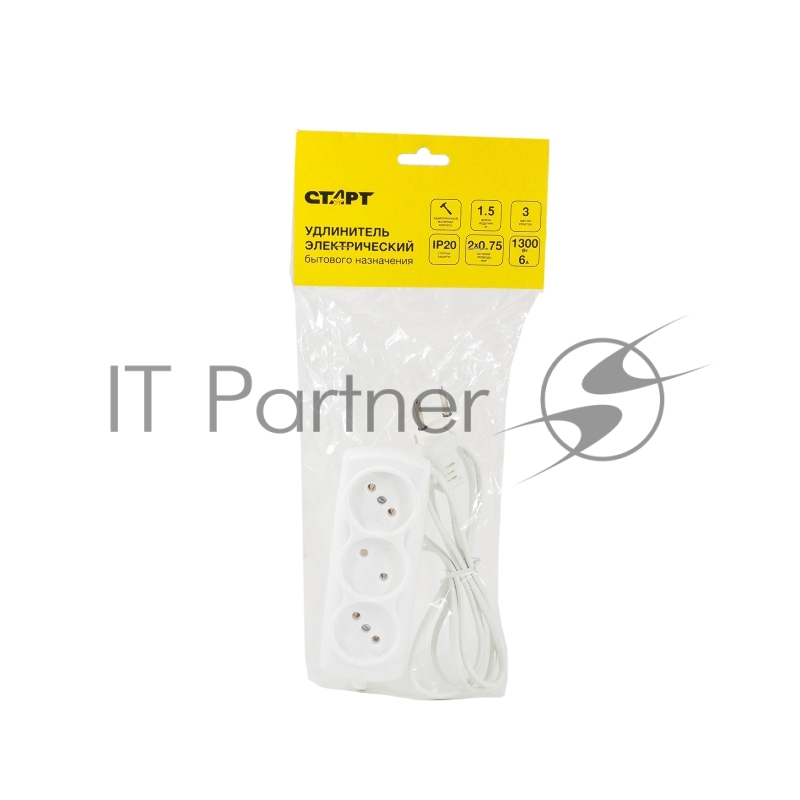Бытовые удлинители СТАРТ (4670012295792) Удлинитель 3 розетки. С/УД 3x1 ШВВП/Р16-010 . Без заземления. Сечение провода 2х0,75 мм2. Длина провода 1,5 м.