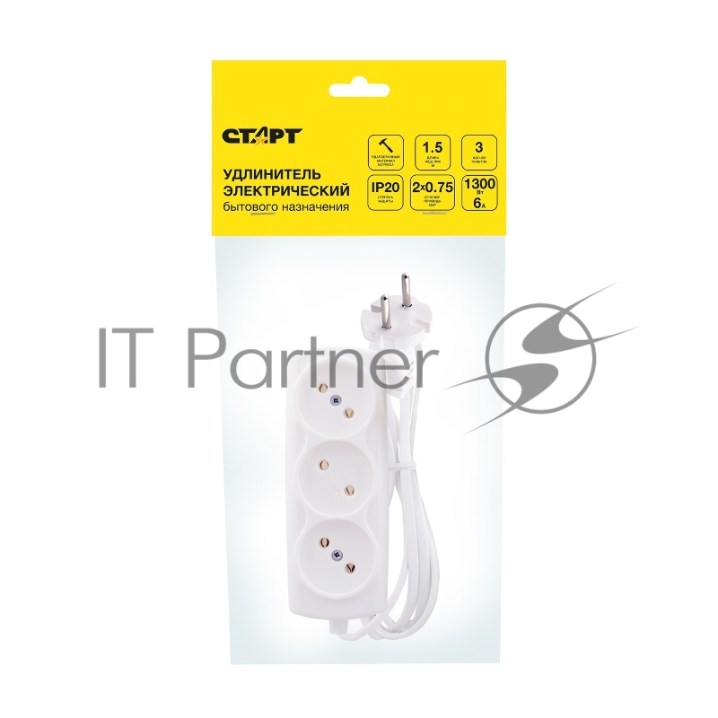 Бытовые удлинители СТАРТ (4670012295792) Удлинитель 3 розетки. С/УД 3x1 ШВВП/Р16-010 . Без заземления. Сечение провода 2х0,75 мм2. Длина провода 1,5 м.