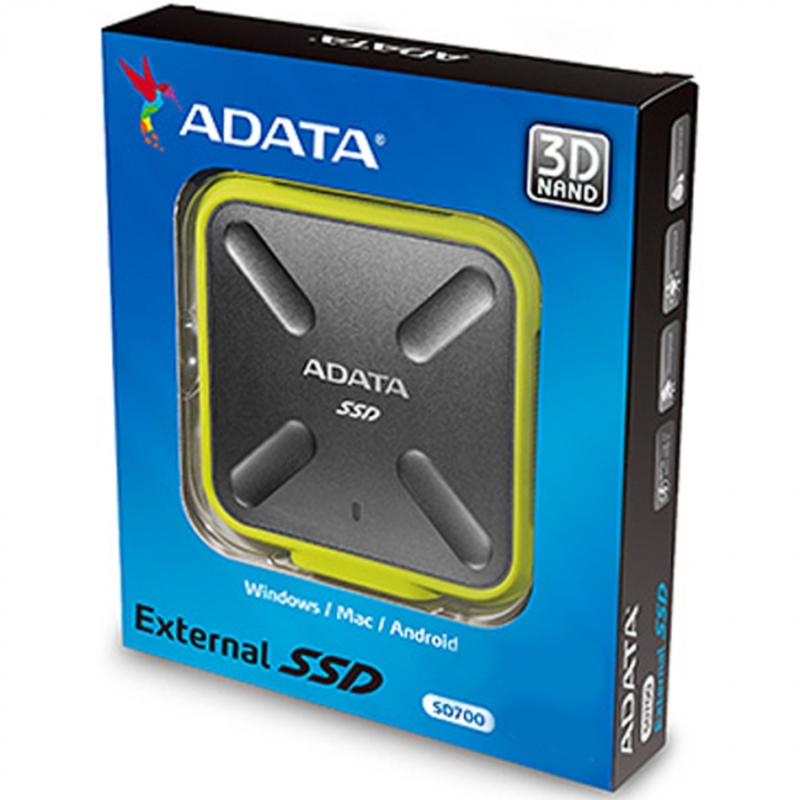 Внешний твердотельный жесткий диск 3.3 256GB ADATA SD700 External SSD ASD700-256GU31-CYL USB 3.1 Gen 1, 440/440, IOPS 32/19K, MTBF 2M, 3D V-NAND TLC, 256MB, 200TBW, DWPD, IP68, Yellow, RTL