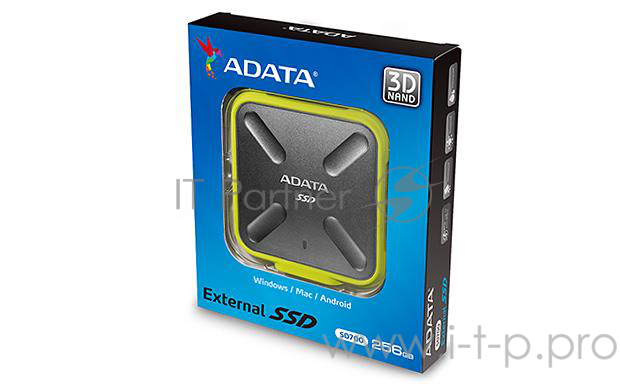 Внешний твердотельный жесткий диск 3.3 256GB ADATA SD700 External SSD ASD700-256GU31-CYL USB 3.1 Gen 1, 440/440, IOPS 32/19K, MTBF 2M, 3D V-NAND TLC, 256MB, 200TBW, DWPD, IP68, Yellow, RTL