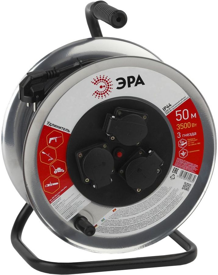 Эра Силовые удлинители на рамке и на катушке ЭРА Б0035325 Удлинитель силовой RM-3-3x1-50m-IP44 c заземлением 3 гн ПВС 3х1,0 металлическая катушка