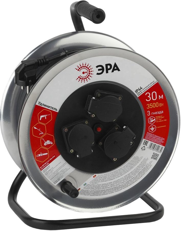 Эра Силовые удлинители на рамке и на катушке ЭРА Б0035323 Удлинитель силовой RM-3-3x1-30m-IP44 c заземлением 3 гн ПВС 3х1,0 металлическая катушка