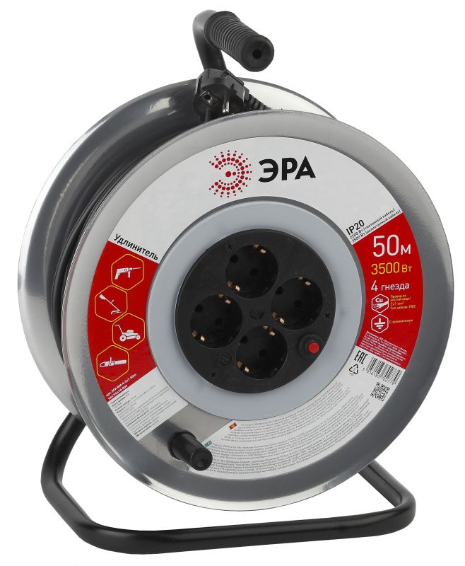Эра Силовые удлинители на рамке и на катушке ЭРА Б0035319 Удлинитель силовой RM-4-3x1-50m c заземлением 4 гн ПВС 3х1 металлическая катушка