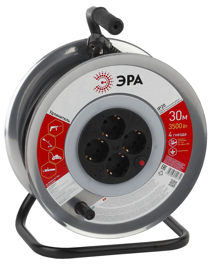 Эра Силовые удлинители на рамке и на катушке ЭРА Б0035317 Удлинитель силовой RM-4-3x1-30m c заземлением 4 гн ПВС 3х1 металлическая катушка