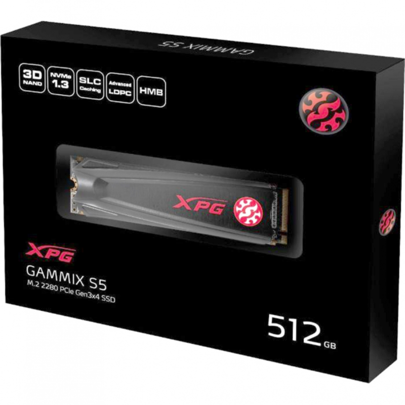 Накопитель SSD M.2 ADATA 256Gb XPG S5 <AGAMMIXS5-256GT-C> (PCI-E 3.0 x4, up to 2100/1200Mbs, 190000 IOPs, 3D TLC, NVMe 1.3, 22x80mm, радиатор)