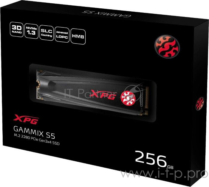 Накопитель SSD M.2 ADATA 256Gb XPG S5 <AGAMMIXS5-256GT-C> (PCI-E 3.0 x4, up to 2100/1200Mbs, 190000 IOPs, 3D TLC, NVMe 1.3, 22x80mm, радиатор)