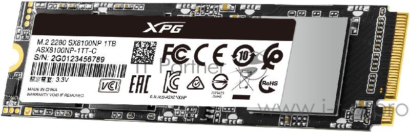 Твердотельный накопитель ADATA SX8100 SSD 1TB, 3D TLC, M.2 (2280), PCIe Gen 3.0 x4, NVMe, R3500/W1900, TBW 640
