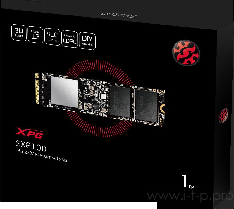 Твердотельный накопитель ADATA SX8100 SSD 1TB, 3D TLC, M.2 (2280), PCIe Gen 3.0 x4, NVMe, R3500/W1900, TBW 640