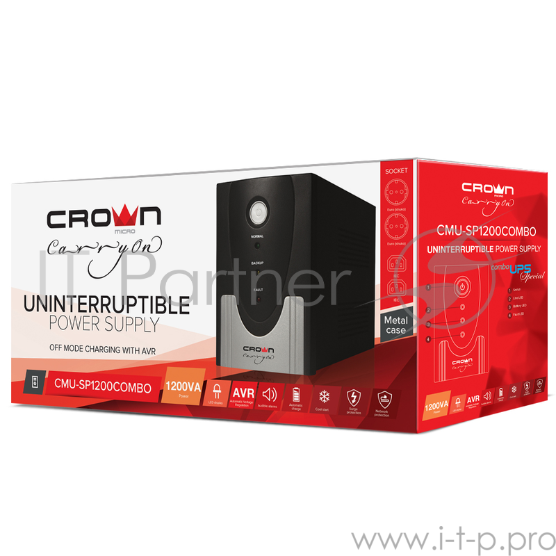 ИБП CROWN ИБП CMU-SP1200 COMBO {1200VA металл, 2x12V/9AH, розетки 2*IEC + 2*EURO} CM000001509