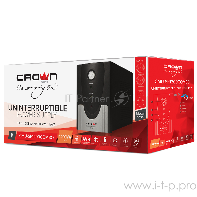 ИБП CROWN ИБП CMU-SP1200 COMBO {1200VA металл, 2x12V/9AH, розетки 2*IEC + 2*EURO} CM000001509