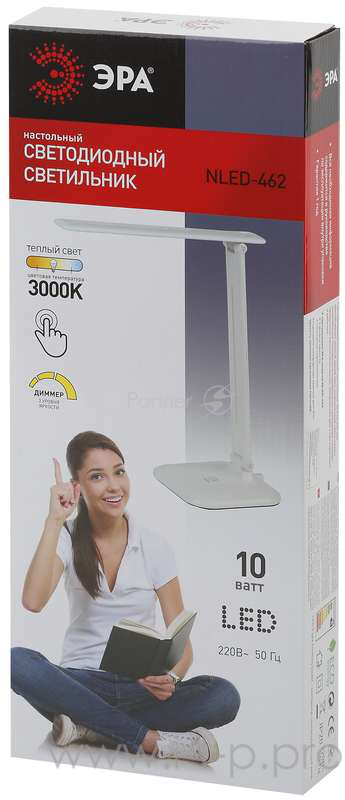 Настольные светильники ЭРА Б0031612 Настольный светодиодный светильник NLED-462-10W-W белый {складной, 3 ступенчатый диммер яркости, цвет. темп. 3000К}