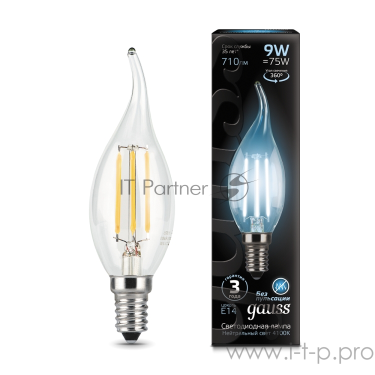 Лампа светодиодная Filament Свеча на ветру E14 9Вт 4100К GAUSS 104801209