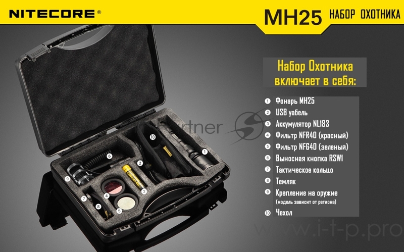 Фонарь ручной Nitecore MH25GT Hunting Kit черный лам.:светодиод. 18650/CR123x1 (10841)