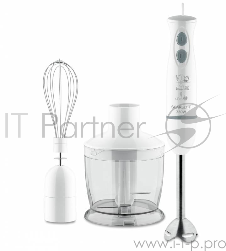 Блендер SCARLETT SC-HB42F80 белый Максимальная мощность 750 Вт, 3 в 1: подходит для измельчения, взбивания, смешивания, Измельчитель 0.5л, Насадка блендер из нержавеющей стали « Steel Pro», Венчик для взбивания, 2 скорости работы, Эргономичная ручка