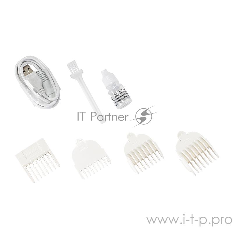 Набор для стрижки Galaxy GL 4160 БЕЛЫЙ аккумуляторный, время непрерывной работы до 1 ч, лезвия из нержавеющей стали, ширина лезвия 35 мм 4 насадки-расчески (1, 3, 6, 9 мм), индикатор зарядки, USB зарядка, подставка