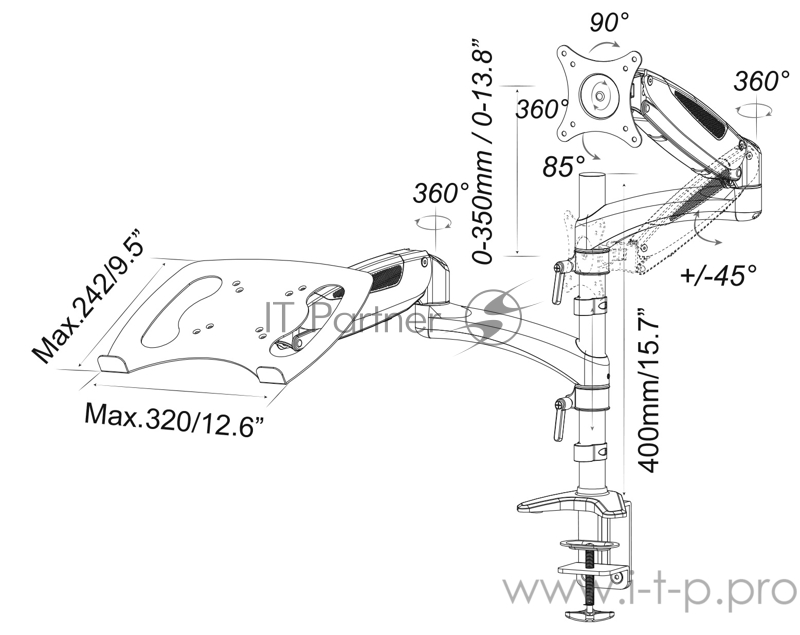 Кронштейн для монитора/ноутбука Cactus CS-VM-LH08-AL серебряный 13-27 макс.8кг настольный поворот и наклон