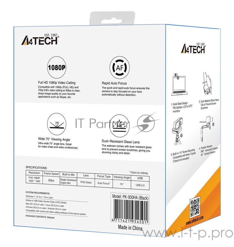 Камера Web A4 PK-930HA черный 2Mpix (1920x1080) USB2.0 с микрофоном