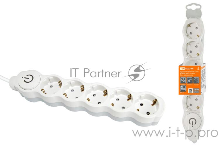 Удлинитель бытовой Люкс УЛ05В выкл, 5 гнезд, 3м, с/з, с з/ш, ПВС 3х1мм2 16А/250В бело-серый | SQ1303-0137 | TDM