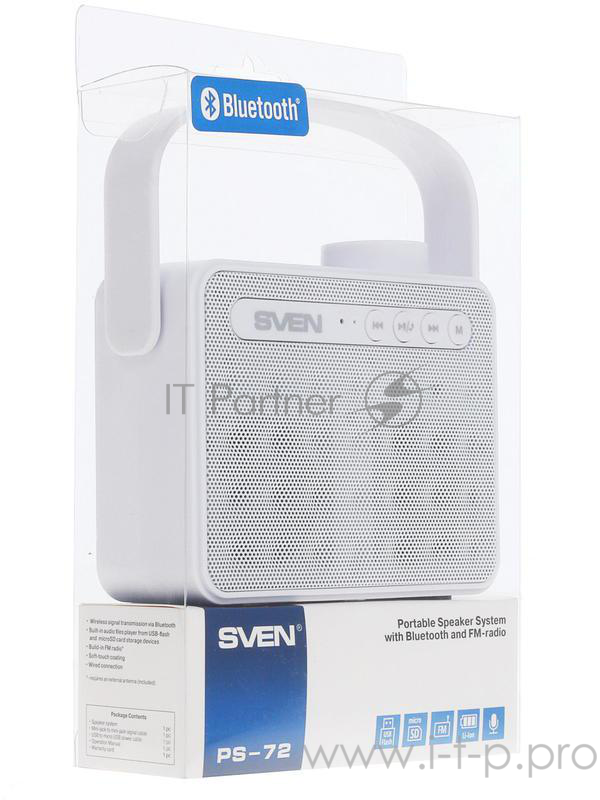 Колонки SVEN PS -72, белый (6 Вт, Bluetooth, FM, USB, microSD, ручка )