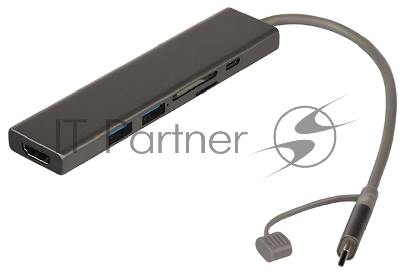 Док-станция Qumo Dock 7 (HB-0008), Type-C, PD, HDMI, 4k 30Hz, 1080p 60 Hz, GE1000 MBS, 4 USB 3.0, 20 cm, SD, Micro SD, металлический корпус, темно-серый