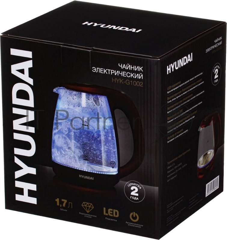 Чайник электрический Hyundai HYK-G1002 1.7л. 2200Вт бордовый (корпус: стекло)