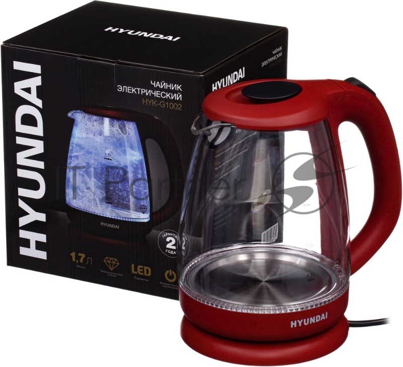 Чайник электрический Hyundai HYK-G1002 1.7л. 2200Вт бордовый (корпус: стекло)